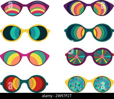 Vibes funkige Brille mit Deko-Elementen. Vintage Nostalgie psychedelische Elemente. Set aus abstrakten geometrischen Sonnenbrillen im Retro-Hippie-Stil der 70er Jahre. Stock Vektor