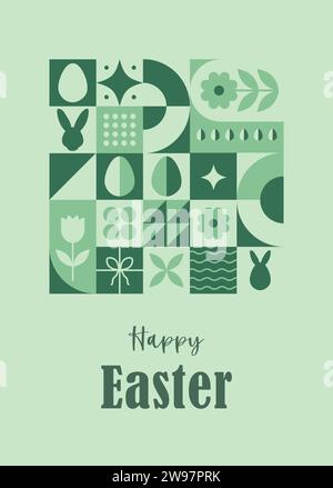 Grußkarte „Happy Easter“. Geometrischer Hintergrund für Neo. Vertikaler Flyer, Postkarte, Kopfzeile für Website. Muster mit grünen einfachen Formen, Häschen und Eiern Stock Vektor