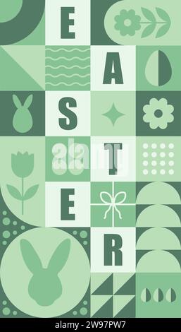 Neo-geometrisches Osterplakat. Moderner abstrakter Hintergrund. Vertikaler Flyer, Grußkarte, Kopfzeile für Website. Muster mit grünen einfachen Symbolen. Vektor Stock Vektor