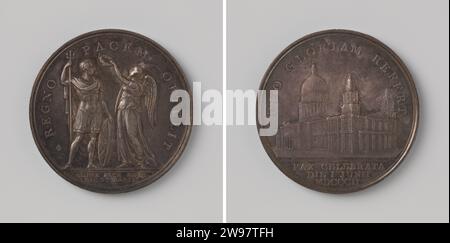 Thanksgiving-Tag in London zu Ehren der Vrede van Amiens, Kempson & Kindon, Geschichte Medaille 1802 Silbermedaille. Vorderseite: Georg III. In römischer Uniform mit Dreizack und Wappen, wird durch geflügelten Frieden mit Lorbeerkranz gekrönt, während er in der rechten Hand einen Palmenzweig hält; Cut: Inschrift. Rückwärts: St. Paul's Cathedral in Cover; Cut: Inschrift. Birmingham Silber (Metall) auffällig (Metallverarbeitung) Amiens. St. Paul's Cathedral Stockfoto