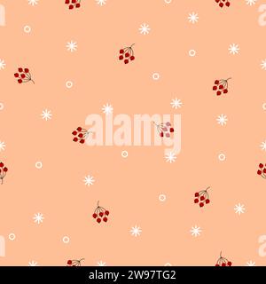 Nahtloses Wintermuster. Zufällige weiße Schneeflocken, rote Beeren auf Pfirsichfuzz Hintergrund. Minimalistische Vektor-Feiertagsillustration für Tapeten, Wrap Stock Vektor