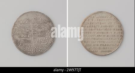 Entlastung von Coevorden und Verkleinerung von Groningen, Gerard van Bylaer, 1594 Geschichtsmedaille Silbermedaille. Vorderseite: Blick auf die Stadt Groningen und die Belagerer. Rückseite: Inschrift Dordrecht silber (Metall) markant (Metallbearbeitung) Groningen. Coevorden Stockfoto