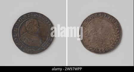 Einweihung von Karl II. Von Spanien als Graf von Flandern, Anonym, Silbermedaille 1666. Vorderseite: Bruststück Junge innen Abdeckung. Umgekehrt: Junger Phönix, der aus den Flammen im Rand der Olivenzweige steigt und Antwerpener Silber (Metall) auffallend (Metallverarbeitung) Flandern zeigt Stockfoto