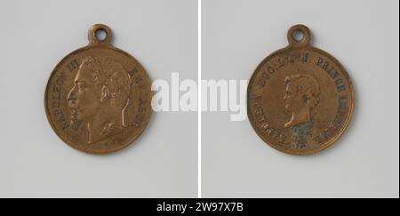 Napoleon Eugène Louis Jean Joseph Bonaparte kaiserlicher Fürst von Frankreich , 1860 - 1870 Geschichtsmedaille Messingmedaille mit Träger, vorne das Porträt Kaiser Napoleon III. Links mit Wechsel, auf der Rückseite das Porträt des Prinzen Napoleon links über einem Rittertum, mit einer Änderung. Messing (Legierung) Schlagzange (Metallbearbeitung) Stockfoto