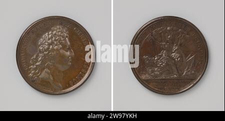 20 Jahre alte Akte aus Regensburg zwischen Frankreich, dem Kaiser, Spanien und den Niederlanden, Jean Mauger, 1699 - 1703 Geschichtsmedaille Bronzemedaille. Vorne: Bruststück Mann innen Wechsel. Rückwärts: pallas mit Schild und Speer, der auf Waffen unter Lorbeerbaum sitzt; Schnitt: Inschrift Paris Bronze (Metall) markant (Metallbearbeitung) Regensburg. Bayern Stockfoto