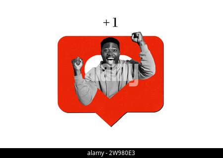 Kreative Illustration Foto Collage überraschte junge Mann soziale Netzwerk smm Popularität Targetologie Abonnenten steigen Stockfoto