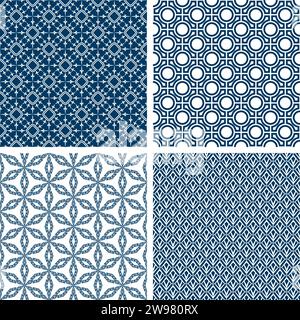 Set aus 4 einfarbigen geometrischen Mustern. Weiße und blaue Gitterstruktur. Ein nahtloser Vektorhintergrund. Stock Vektor