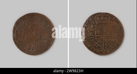 Kalkulationsmedaille aus Antwerpen zum Frieden von Münster 1648, Geschichtsmedaille 1648. jeton-Kupfermedaille, auf der Vorderseite die Stadt Brüssel, über der ein Engel mit dem Wappen von Münster, mit Wechsel, auf der Rückseite das gekrönte spanische Wappen mit der Kette des Goldenen Vlieses, mit Wechsel. Kupfer- (Metall-) Schlagzange (Metallbearbeitung) Stockfoto