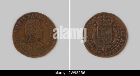 Kalkulationsmedaille aus Antwerpen zum Friedenswunsch 1656, Geschichtsmedaille 1656. jeton-Kupfermedaille, auf der Vorderseite die Büste von Philips IV rechts mit Verschiebung, auf der Rückseite das gekrönte spanische Wappen mit der Kette des Goldenen Vlies, mit einer Änderung. Kupfer- (Metall-) Schlagzange (Metallbearbeitung) Stockfoto