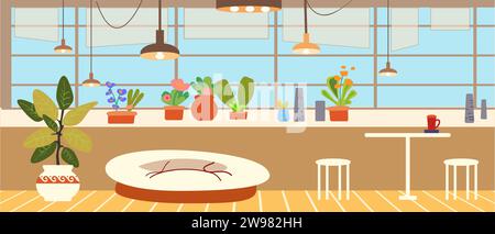 Apartment-Innenausstattung, Küche, Esszimmer und Wohnzimmer. Zimmerpflanzen, gemütliches Zuhause. Vektorabbildung. Stock Vektor