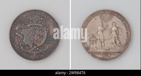 25 Jahre Heirat von David Jan Thilenus und Margaretha Elisabeth van der Haer, Johan George Holtzhey, 1779–1780 Silbermedaille. Vorderseite: Zwei Wappen, die mit einem Band unter der Krone für Palmenzweig, Rosettenzweige, Olivenzweige, brennende Fackel und Band mit Inschrift innen gebunden sind. Rückwärts: verdrängt durch strahlendes Dreieck hält Hymen mit Lorbeerkranz und brennender Fackel, stehend am Altar, auf dem sich zwei brennende Herzen befinden und von denen mit Blumenkranz und Schlange rund mit den Buchstaben XXV verziert ist ein Ende der Kette, das andere Ende wird von Loyalität getragen, begleitet von Amor, der Stockfoto