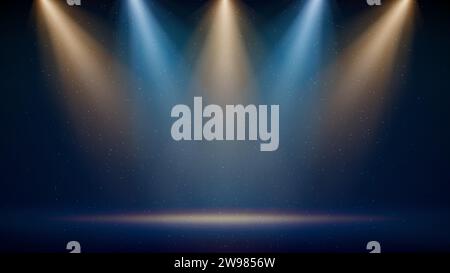 Goldener, blauer Hintergrund. Beleuchteter blauer Tisch. Hintergrund für die Anzeige von Produkten. Helle Strahler, glitzernde Partikel Stock Vektor