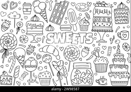 Das handgezeichnete Vektor-Doodle-Set verfügt über Ein stressreduzierendes Farbseitenmotiv mit Süßigkeiten, darunter eine Auswahl an Kuchen, Süßigkeiten, Cupcakes, Eis und mehr. Ein süßes Malbuch Stock Vektor