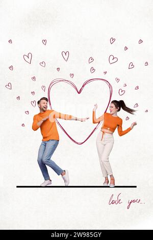 Vertikale Collage Bild von zwei positiven funky Partner tanzend Party zeichnend Herzen Liebe Sie isoliert auf weißem Papier Hintergrund Stockfoto