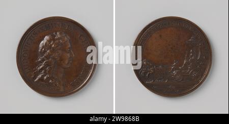 Ankunft von Maria Theresia in Paris, Jean Mauger, 1699 - 1703 Geschichtsmedaille Bronzemedaille. Vorne: Bruststück Mann innen Wechsel. Der Nachteil: Königin auf dem Siegeswagen, von vier Pferden gezogen und von Minnegod innen getrunken; Schnitt: Year Paris Bronze (Metall) markant (Metallverarbeitung) Paris Stockfoto