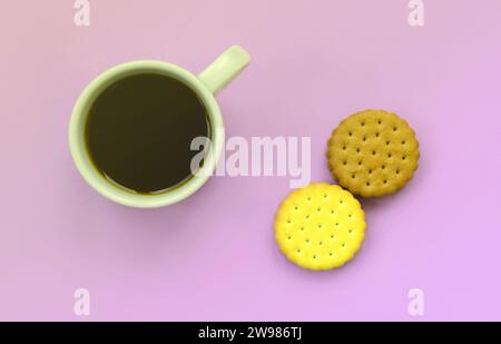 Kaffeepause flach Zusammensetzung mit braunen sandwich Cookies. Weiße heiße Tasse Kaffee und braun Dessert auf eine trendige Pastell lila Hintergrund Stockfoto