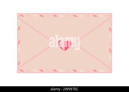Rosafarbener Umschlag mit Herzstempel auf weißem Hintergrund. Romantischer Brief mit Herz oder Liebesbotschaft im Umschlag zum Valentinstag. Vektorabbildung Stock Vektor