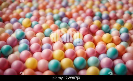 Ein Meer aus bunten pastellfarbenen Plastikkugeln sorgt für eine lebendige und verspielte Textur auf einem Spielplatz für Kinder Stockfoto