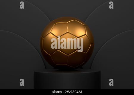 Fußballball auf einem Zylinderpodium mit Stufen auf einfarbigem Hintergrund. 3D-Rendering von Displayprodukten wie Sportzubehör für Teamspiele Stockfoto