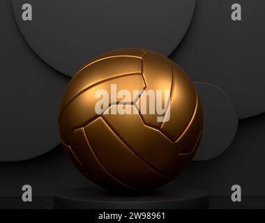Fußballball auf einem Zylinderpodium mit Stufen auf einfarbigem Hintergrund. 3D-Rendering von Displayprodukten wie Sportzubehör für Teamspiele Stockfoto