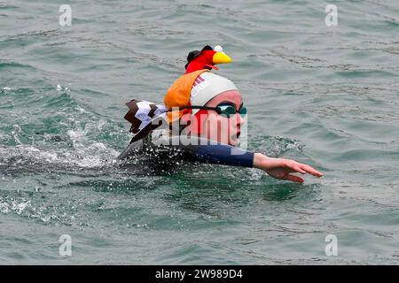 Weymouth, Dorset, Großbritannien. Dezember 2023. Hunderte festliche Feiernde in festlicher Kleidung nehmen an der jährlichen Wohltätigkeitsorganisation am Weihnachtstag Teil, die über den Hafen von Weymouth in Dorset schwimmen, der von riesigen Menschenmassen am Hafen unterstützt wurde. Bildnachweis: Graham Hunt/Alamy Live News Stockfoto