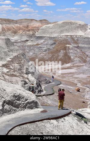 Menschen wandern auf dem Blue Mesa Trail in der farbenfrohen Landschaft der blauen und violetten Hügel Stockfoto