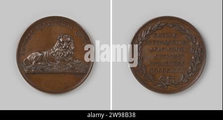 Kuratoren der Fachhochschule Groningen, Penning, verlieh den Studierenden David van der Kellen (1804–1879) die Bronzemedaille 1831. Vorderseite: Liegender Löwe innen; Schnitt: Unterschrift. Reverse: Inschrift in Kranz zusammengebunden und Lorbeerzweig. Utrecht Bronze (Metall) Strick (Metallbearbeitung) Groningen Stockfoto