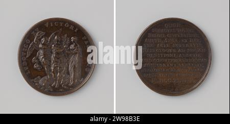 Zeichen des provisorischen Friedens in Aachen und Aufnahme der Maastricht, Anonym, Geschichtsmedaille 1748 Bronzemedaille. Vorderseite: Louis XV. Mit Fledermaus van Herkules und Leeuwehuid um die Hüfte, wendet sich vom Sieg ab, der einen Lorbeerkranz in der Hand hält, um einen Olivenzweig aus Frieden zu erhalten; auf dem Boden befinden sich Kronen und ein Wappen. Rückseite: Inschrift Paris Bronze (Metall) markant (Metallverarbeitung) Maastricht. Aachen Stockfoto