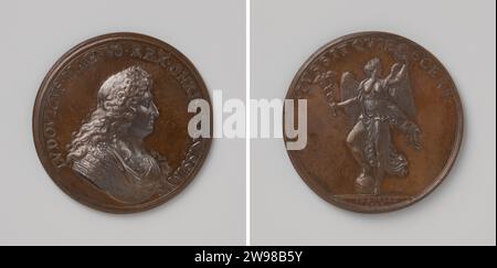 20 Jahre alte Akte aus Regensburg zwischen Frankreich, dem Kaiser, Spanien und den Niederlanden, Michel Molard, 1684 Geschichtsmedaille Bronzemedaille. Vorne: Bruststück Mann innen Wechsel. Minuspunkt: Sieg mit Mercury Staff und Lauwerkrans, die mit einem Fuß auf dem Globus stehen; Schnitt: Inschrift Paris Bronze (Metall) markant (Metallbearbeitung) Regensburg. Bayern Stockfoto