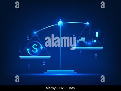 Wägewaage das Wägen von Geld mit dem Aktiendiagramm zeigt den steigenden Kurs des Aktiendiagramms an. Diejenigen, die investieren, erhalten Gewinne aus erhöhtem Sto Stock Vektor