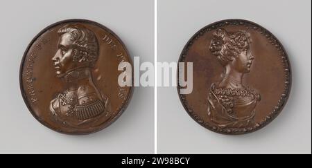 Heirat von Friedrich, Prinz der Niederlande, und Louise, Prinzessin von Preußen in Berlin, Jean Barthélemy Fonson, Geschichtsmedaille 1825 Bronzemedaille. Vorne: Bruststück Mann innen Wechsel. Rückseite: Bruststück Frau im Blumenkranz Brüssel Bronze (Metall) auffällig (Metallverarbeitung) Berlin Stockfoto