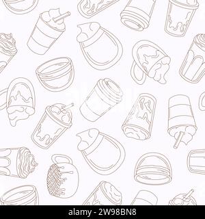 Nahtloses Muster für Kaffeegetränke im Line Art Stil. Café-Design oder Café-Hintergrund. Vektorillustration auf weißem Hintergrund. Stock Vektor