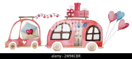 Handgezeichneter Aquarellillustration Clipart am 14. Februar mit Einem Auto und Einem Haus auf Rädern mit Valentinstag-Geschenken Stockfoto
