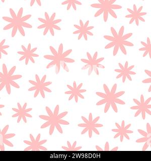 Abstraktes, nahtloses Muster in Blütenformen im flachen Retro-Stil. Design für Paket, Karten, Tuch. Vektorillustration auf weißem Hintergrund. Stock Vektor