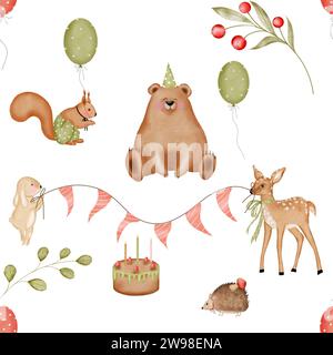 Nahtloses Aquarellmuster mit niedlichen Waldtieren. Süßer Bär, Kitz, Hase, Igel und Eichhörnchen. Zum Geburtstag der Tiere im Wald. Zum Drucken auf Stockfoto