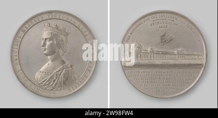 Eröffnung des Crystal Palace Ausstellungsgebäudes in Sydenham 1862, Dowler, 1862 Geschichtsmedaille Tinen Medaille, auf der Vorderseite links die Brustbänder von Königin Victoria mit einer Änderung, vier Textzeilen, das Ausstellungsgebäude und sieben Zeilen ausgeschnittenen Textes auf der Rückseite. Birmingham Zinn (Metall) Strick (Metallbearbeitung) Stockfoto