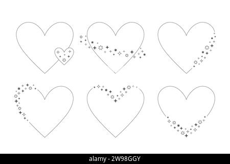 Herzförmige Y2K-Rahmen, Bögen. Set aus linearen, ästhetischen, minimalistischen Herzformen. Stock Vektor