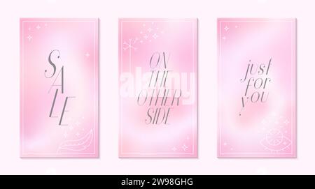Vintage-Verlauf y2k-Geschichte, Karte, Banner, Vorlagen. Pastellrosa Farbe mit linearen spirituellen Elementen, Rahmen. Stock Vektor