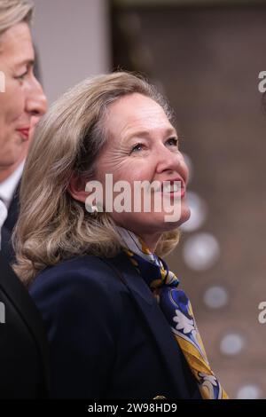 Madrid, Spanien. Dezember 2023. Nadia Calviño nahm am Abschlusskonzert des spanischen EU-Ratsvorsitzes am 21. Dezember 2023 im nationalen Auditorium in Madrid Teil. (Foto: Oscar Gonzalez/SIPA USA) (Foto: Oscar Gonzalez/SIPA USA) Credit: SIPA USA/Alamy Live News Stockfoto