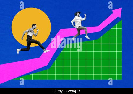 Horizontale kreative Fotocollage von zwei begeisterten Läufern, die Treppen hinaufklettern, erreichen Tor erreichen Zielsieger Herausforderung Arbeitsstatistik Rate Stockfoto