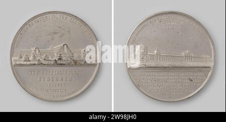 Eröffnung des Ausstellungsgebäudes Crystal Palace in Sydenham 1862, Dowler, Geschichtsmedaille 1862 Tinen Medaille, auf der Vorderseite der Blick auf das Ausstellungsgebäude in Sydenham, mit den Gebäuden für die internationale Ausstellung oben im Wechsel und fünf Textzeilen auf der Rückseite, mit vier Zeilen oben und sieben Textzeilen. Birmingham Zinn (Metall) Strick (Metallbearbeitung) Stockfoto