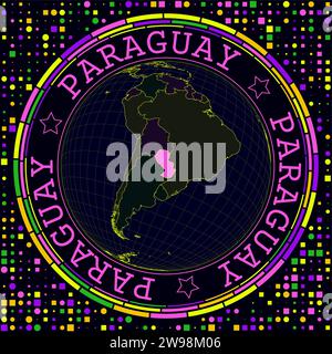 Das futuristische Paraguay auf der Welt. Heller Neon-Satellitenblick auf die Welt mit Schwerpunkt auf Paraguay. Stock Vektor