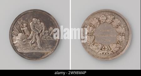 Zuid-Hollandsche Maatschappij zur Rettung von Schiffswracks in Rotterdam, eine Medaille an J. Adams, Gottfried Bernhard Loos, 1824–1860 Silbermedaille. Vorderseite: Mann, der Schiffbruch in seinen Armen trägt; im Hintergrund rechts: Zwei Männer, die Schiffbruch unterstützen; links: Sinkendes Schiff und Mann in Schaluppe; Schnitt: Signatur. Rückseite: Inschrift innen Eikekrans Berlin Silber (Metall) markant (Metallverarbeitung) / Gravur Rotterdam Stockfoto