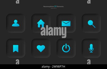 A collection of user interface elements for a mobile application in black with blue elements. Stock Vektor