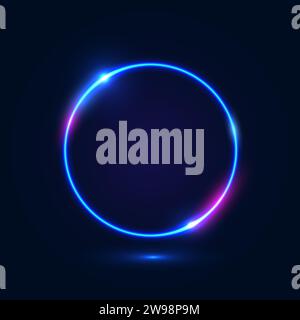 Neonfarbener runder Rahmen mit Lichtern auf dunkelblauem Hintergrund. Stock Vektor