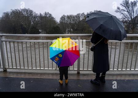 Zuschauer beim Hochwasser an der Ruhr, hier bei Essen-Werden, überschwemmte Brehm-Insel, nach tagelangem Dauerregen, NRW, Deutschland, Hochwasser Ruhr *** Zuschauer bei den Überschwemmungen am Ruhrgebiet, hier bei Essen Werden, überflutete die Insel Brehm, nach tagelangen Dauerregen, NRW, Deutschland, Ruhrfluten Stockfoto