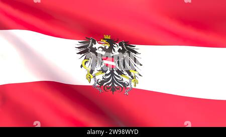 3D-Darstellung der im Wind flatternden Nationalflagge Österreichs. Stockfoto