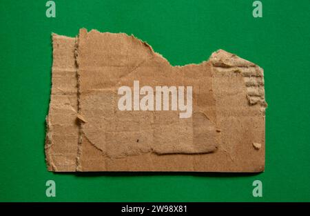 Gerissenes Papierstück auf grünem Hintergrund. Zerrissenes Papier mit Kopierraum. Stockfoto