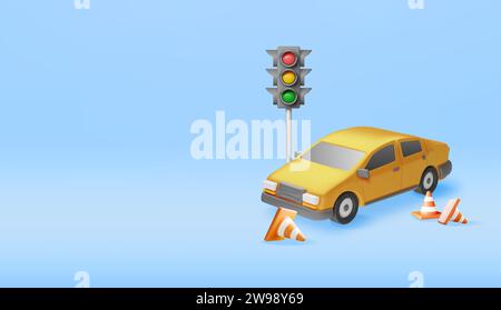 3D-Limousine mit Kegeln und Ampeln Stock Vektor