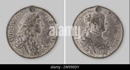 Heirat von König Ludwig XIV. Von Frankreich mit Maria Theresia von Spanien 1660 , 1660 Geschichtsmedaille Zinngegossene Medaille mit Träger, auf der Vorderseite die Büste Ludwigs XIII. Rechts mit Wechsel, auf der Rückseite die Büste Maria Theresias rechts mit Wechsel. Zinn-(Metall-)Guss Stockfoto